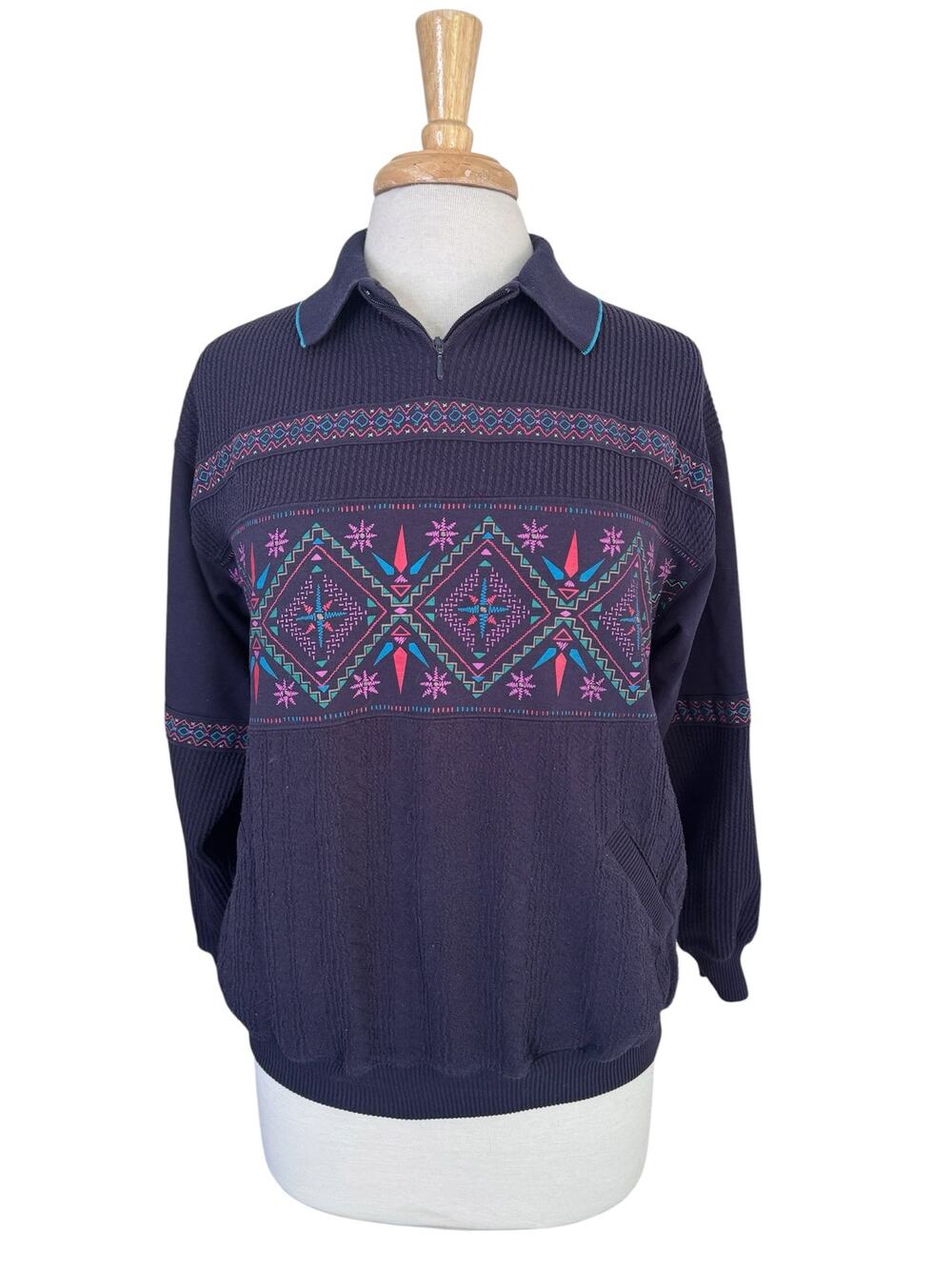 Vintage 90s Fair Isle Quarter Zip Royal Purple Puff Paint Pullover Size Large